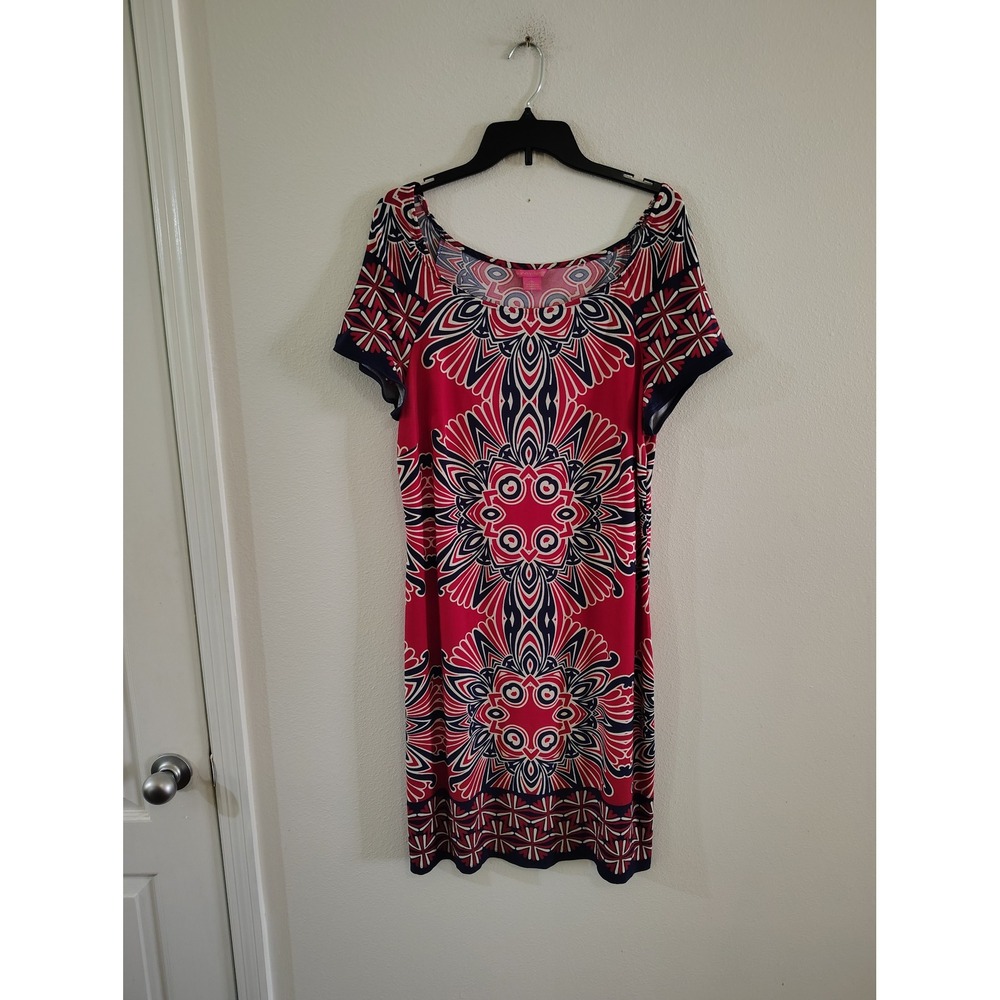 Sunny Leigh Womens XL Red Navy Blue Medallion Print Short Sleeve Sheath Dress